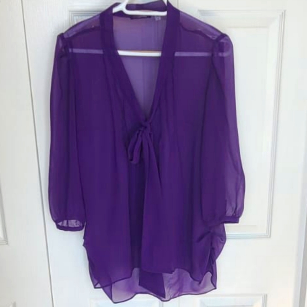 Dex Sheer Purple V-Neck Bow Front Blouse Size M